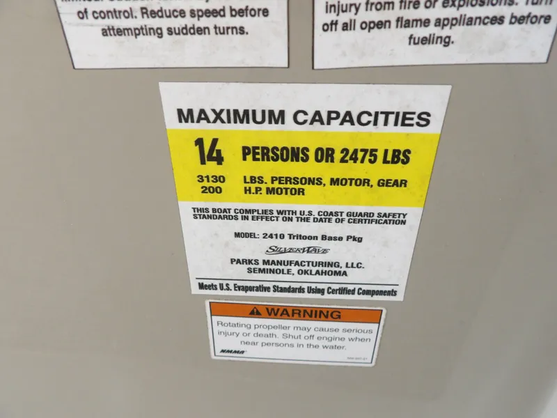 Slide: The Image of Sign shows maximum capacity: 14 persons or 2475 pounds. Includes warnings and manufacturer details. - 8