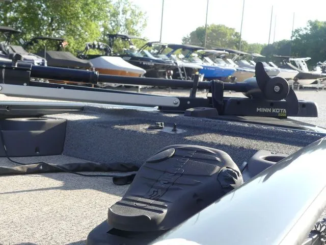 Slide: The Image of Close-up of a Tracker Pro Team 175 TF boat deck with Minn Kota trolling motor. - 10
