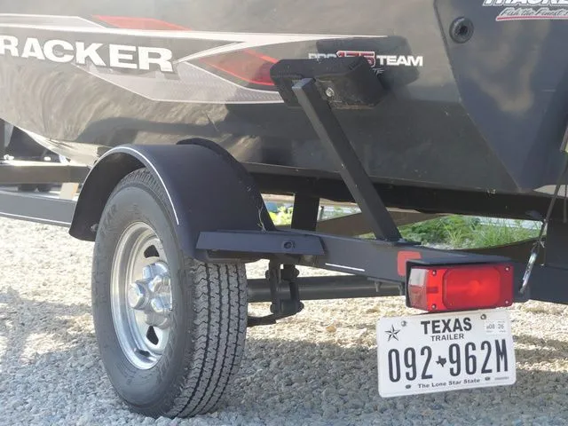 Slide: The Image of Close-up of a boat trailer with a Texas license plate attached to a Tracker boat. - 17