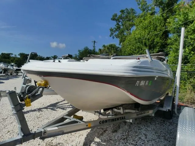 Slide: The Image of A 2012 Hurricane Sundeck 188 boat on a trailer, surrounded by trees. - 3