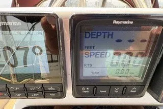 Slide: The Image of Close-up of Raymarine navigation instruments on a 1990 Island Packet 27 sailboat. - 13
