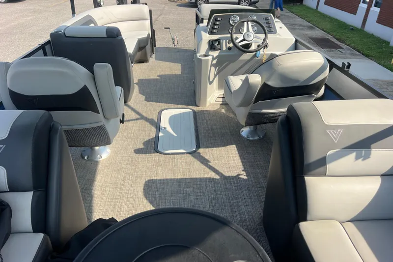 Slide: The Image of Interior of 2022 Viaggio Lago V-U 22 pontoon boat with modern seating and steering console. - 34