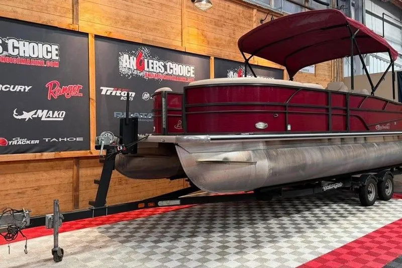 Slide: The Image of 2020 Misty Harbor 2285RSF pontoon boat displayed indoors at Anglers Choice showroom. - 3
