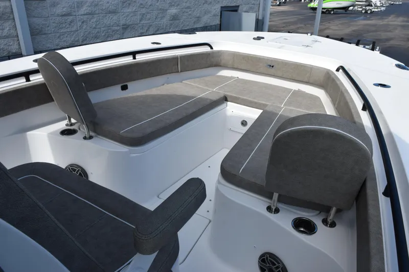 Slide: The Image of 2027 Sea Hunt Gamefish 28 Forward Seating with gray cushioned seats and spacious layout. - 12