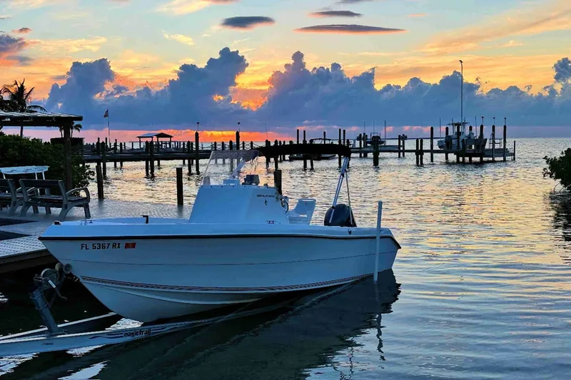 Slide: The Image of 2003 PRO SPORT 2200 Blue Water boat docked at sunset with scenic waterfront view. - 3
