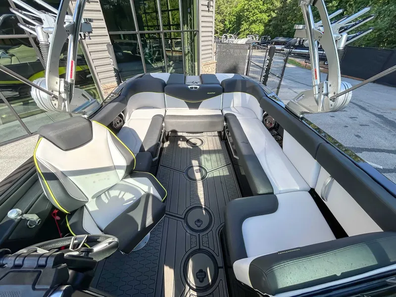 Slide: The Image of Interior of a 2020 MasterCraft XT23 with modern seating and stylish design. - 14