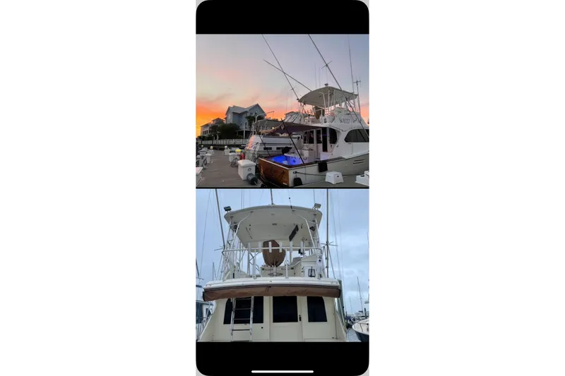 Slide: The Image of 1987 Post 43 Convertible yacht docked at sunset, showcasing elegant design and structure. - 27