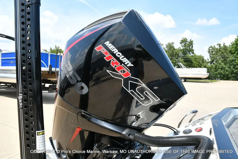 Slide: The Image of Close-up of a Mercury Pro XS outboard motor on a Ranger boat. - 10