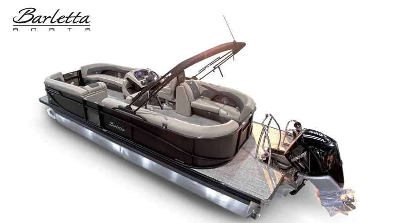 Slide: The Image of 2027 Barletta CABRIO C24Q, a sleek pontoon boat with luxurious interior and powerful outboard motor. - 6