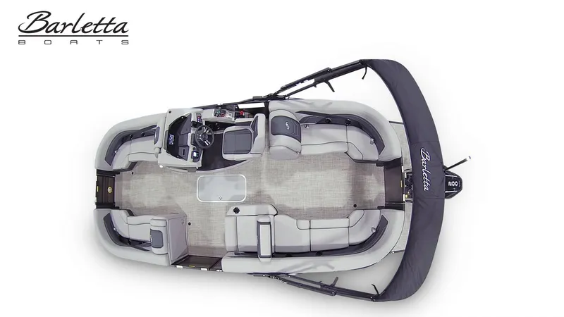 Slide: The Image of Top view of a Barletta Cabrio C22Q pontoon boat with gray seating and a black canopy. - 7