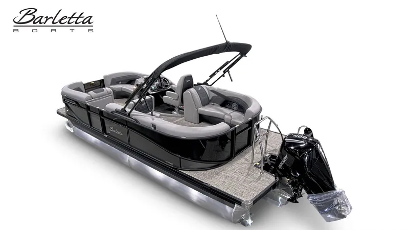 Slide: The Image of 2027 Barletta Cabrio C22Q with gray seating and a black outboard motor. - 6