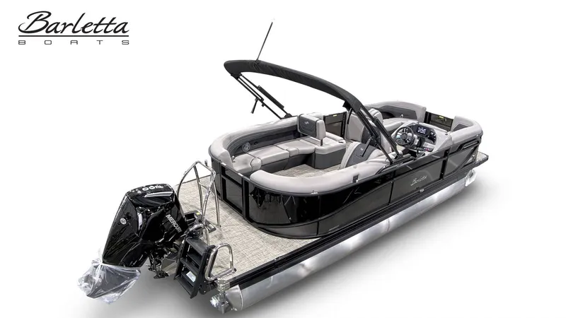 Slide: The Image of The image shows a Barletta Cabrio C22Q pontoon boat with a sleek black design and an outboard motor. - 4