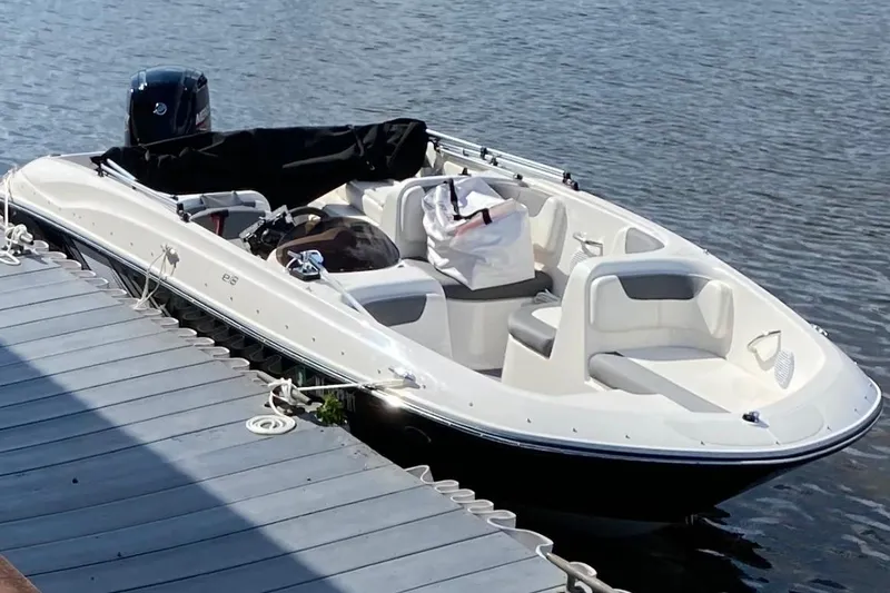 The Image of 2023 Bayliner Element E18 boat docked on calm water. - 2