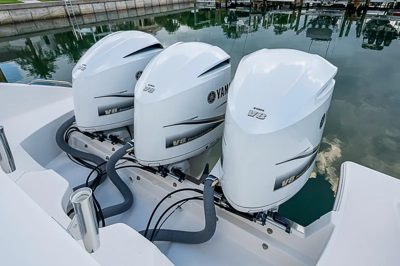 Slide: The Image of Triple Yamaha V8 engines on a 2020 Pursuit S 368 Sport boat. - 35
