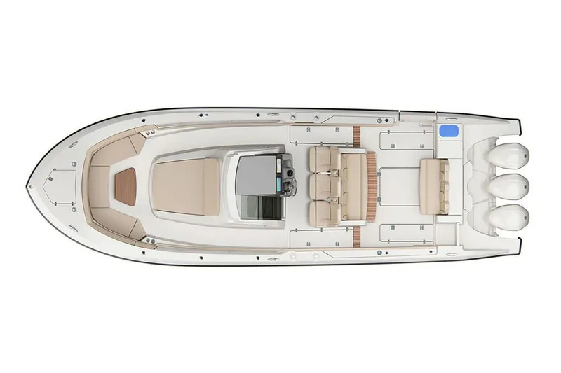 Slide: The Image of Manufacturer Provided Image: Top view of 2020 Pursuit S 368 Sport boat layout with triple outboard engines. - 49