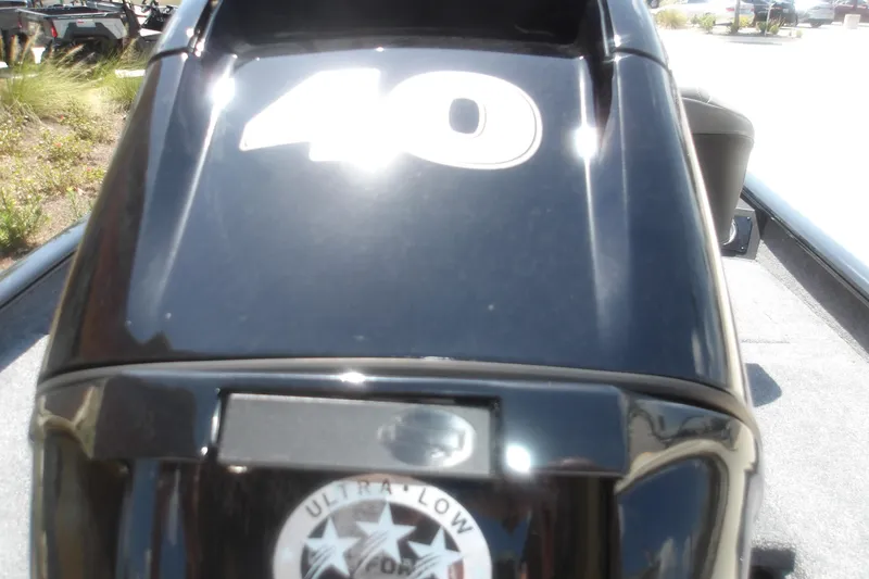 Slide: The Image of Outboard motor on 2026 Tracker Super Guide V-16 T boat, featuring "40" and "Ultra Low" labels. - 4