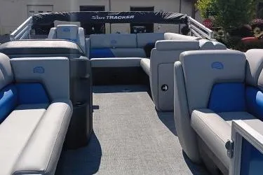 Slide: The Image of 2026 Sun Tracker Party Barge 20 DLX interior with spacious seating and modern design. - 5