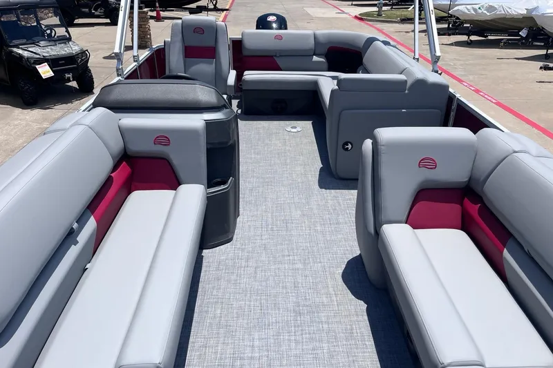 Slide: The Image of 2026 Sun Tracker Party Barge 20 DLX interior with spacious seating and modern design. - 2