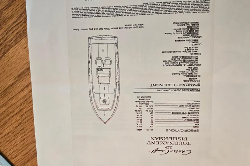 Slide: The Image of 1974 Chris-Craft 22 Tournament Fisherman specifications sheet with boat layout diagram. - 10
