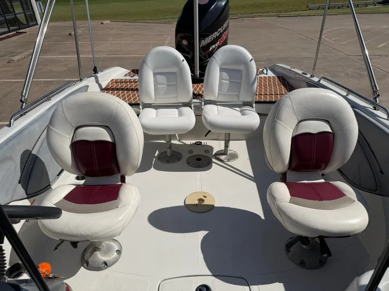 Slide: The Image of Four cushioned seats in an open-deck boat, surrounded by railings. - 8