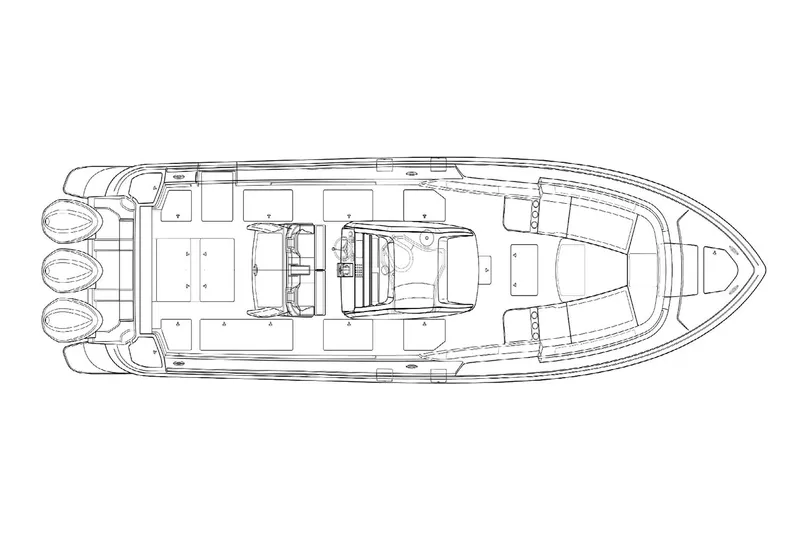 Slide: The Image of Manufacturer Provided Image: Top view blueprint of 2025 Intrepid 375 Nomad SE boat with triple outboard engines. - 2