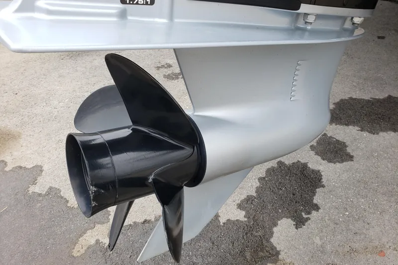 Slide: The Image of Close-up of a 2023 Bentley Pontoons Elite 253 Admiral boat propeller. - 13