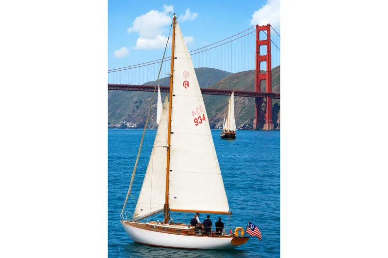 Slide: The Image of Vintage 1955 Henry R Hinckley Owens Cutter sailing near Golden Gate Bridge. - 1