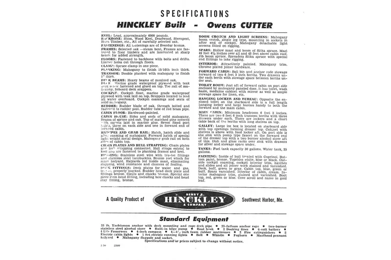 Slide: The Image of Specifications for 1955 Henry R Hinckley Owens Cutter sailboat, featuring detailed construction and equipment. - 5