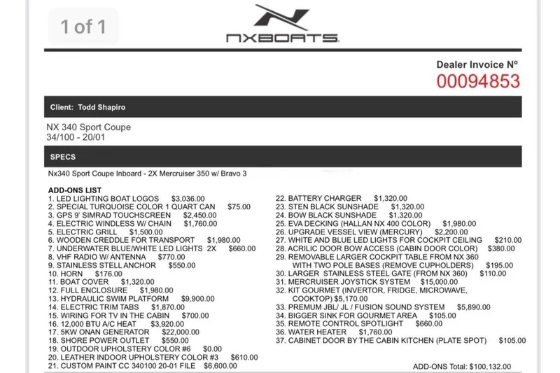 Slide: The Image of Invoice for 2023 NX Boats 340 Sport Coupe with detailed add-ons and pricing. - 33