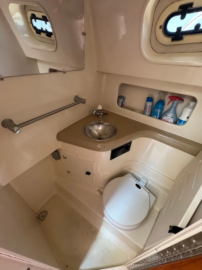 Slide: The Image of The image shows a boat bathroom with a sink, toilet, and storage space. - 31