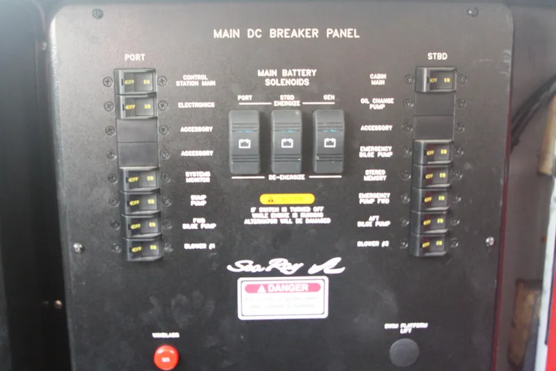 Slide: The Image of Main DC breaker panel of 1999 Sea Ray 380 Sundancer boat. - 72