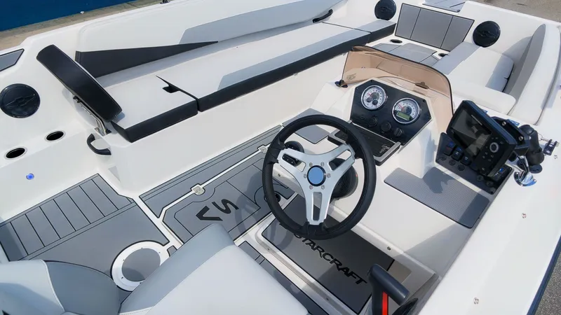 Slide: The Image of The image shows the cockpit of a Starcraft SV 18 OB boat with modern instruments and steering wheel. - 15