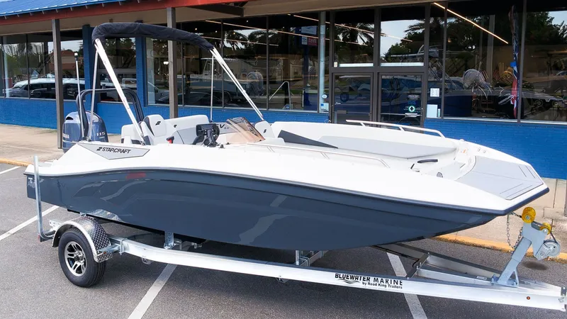 The Image of Starcraft SV 18 OB 2027 on a trailer outside a store. - 1