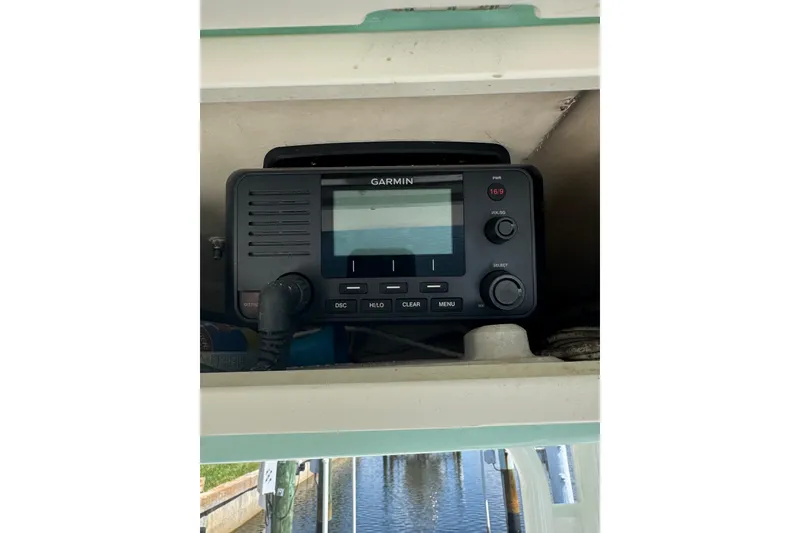 Slide: The Image of Garmin marine radio on 2021 Robalo R230 Center Console boat. - 14