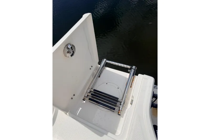 Slide: The Image of 2021 Robalo R230 Center Console boat ladder, folded and stored on deck. - 31