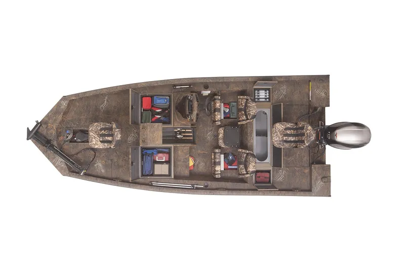 Slide: The Image of Manufacturer Provided Image: 2021 G3 Sportsman 1810 fishing boat, top view, camo seats, storage compartments, and outboard motor. - 10