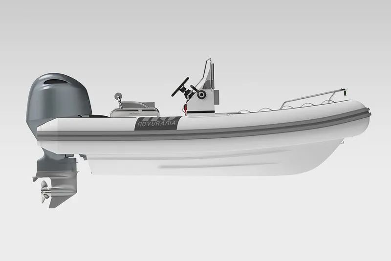 Slide: The Image of Manufacturer Provided Image: Novurania DL 460 boat 2026, side view, gray outboard motor. - 2