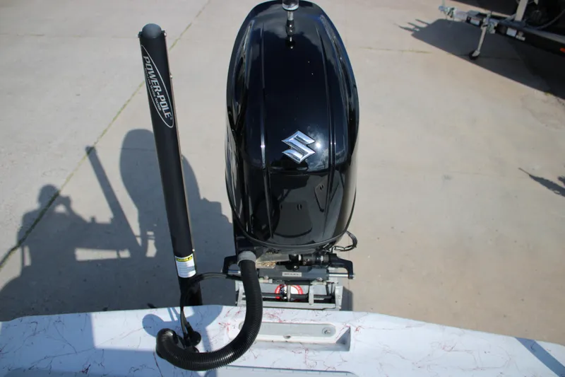 Slide: The Image of Outboard motor on 2022 Shoalwater 20' Catamaran with Power-Pole anchor system. - 9