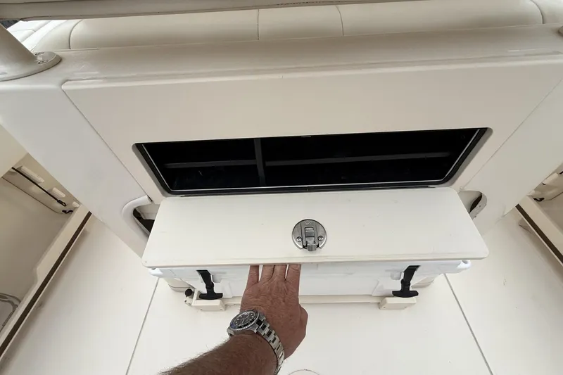 Slide: The Image of Hand opening storage compartment on 2020 Grady-White Fisherman 257 boat. - 16
