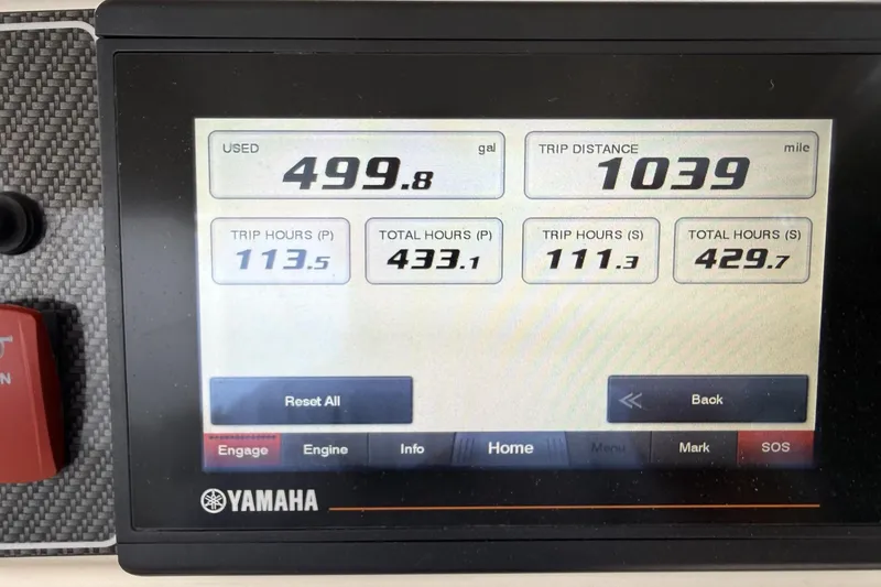 Slide: The Image of Yamaha boat display showing fuel usage, trip distance, and engine hours for Grady-White Fisherman 257. - 28
