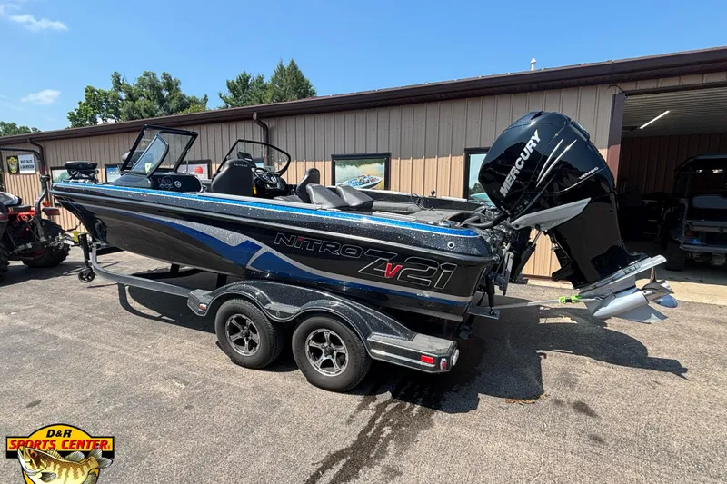 Slide: The Image of 2020 Nitro ZV21 Pro boat with Mercury engine on trailer at D&R Sports Center. - 2