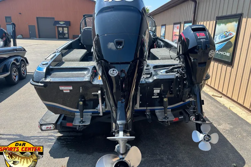 Slide: The Image of 2020 Nitro ZV21 Pro boat with dual outboard motors at D&R Sports Center. - 4