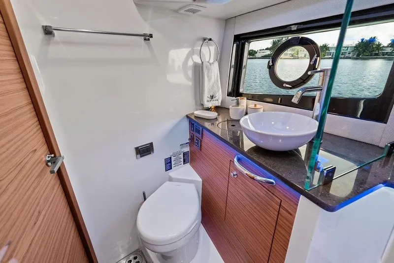 Slide: The Image of Luxurious bathroom interior of 2024 Boston Whaler 405 Conquest yacht with modern fixtures. - 58
