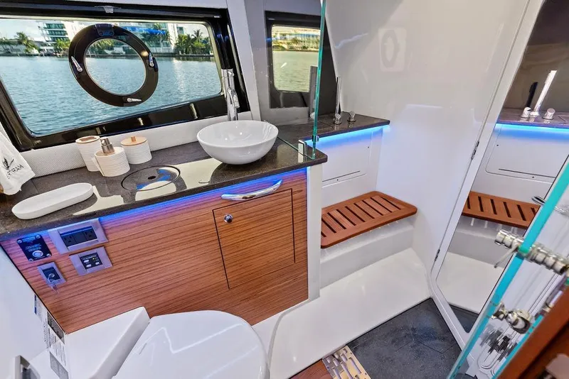 Slide: The Image of Luxurious bathroom interior of 2024 Boston Whaler 405 Conquest yacht with modern amenities. - 57