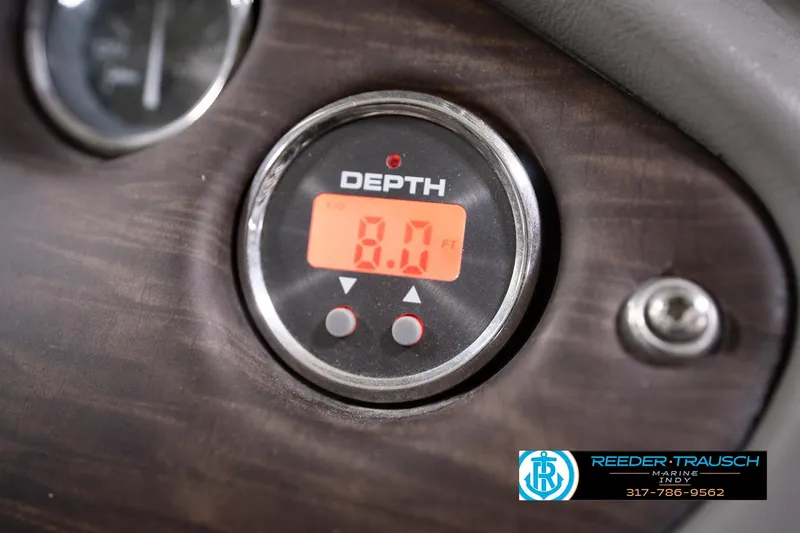 Slide: The Image of Depth gauge reading 8.0 feet on 2018 Manitou 23 Oasis RF VP dashboard. - 50