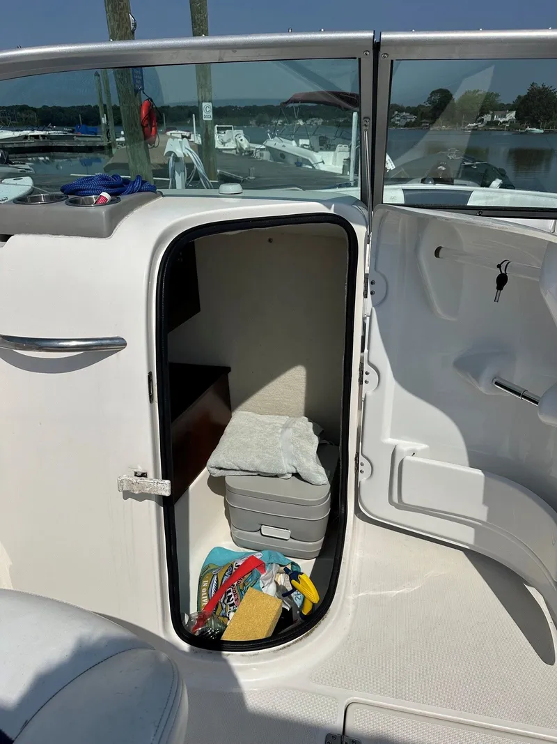 Slide: The Image of A 2018 Robalo R227 Dual Console with storage space and cleaning supplies on board. - 20