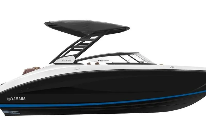 Slide: The Image of 2026 Yamaha Boats 252SD, sleek black and white design with a modern canopy. - 6