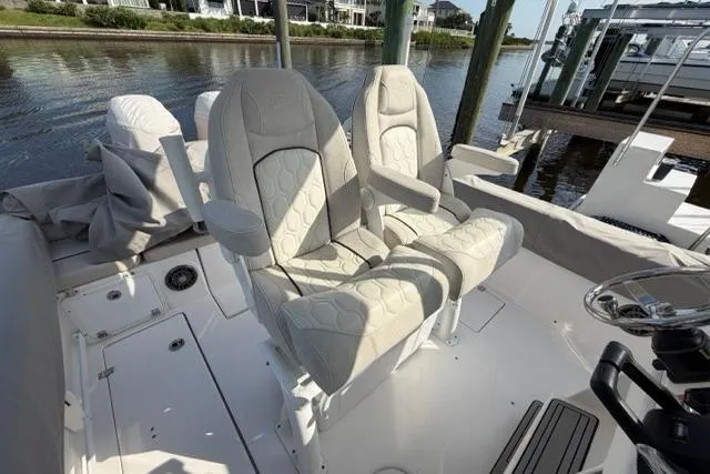 Slide: The Image of 2023 Seafox 268 boat interior with luxurious seating and modern design. - 22
