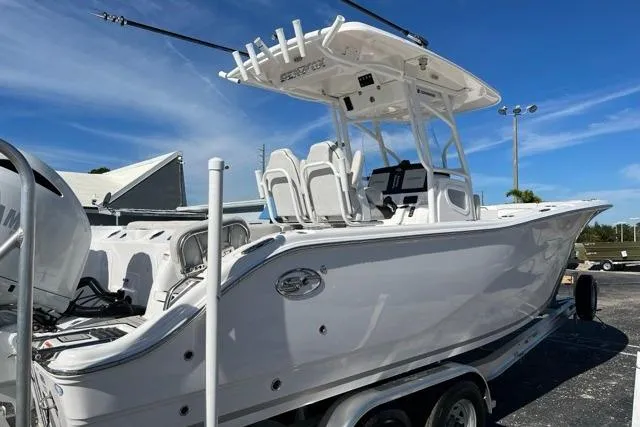 Slide: The Image of 2023 Seafox 268 boat on trailer, featuring sleek design and modern equipment. - 3