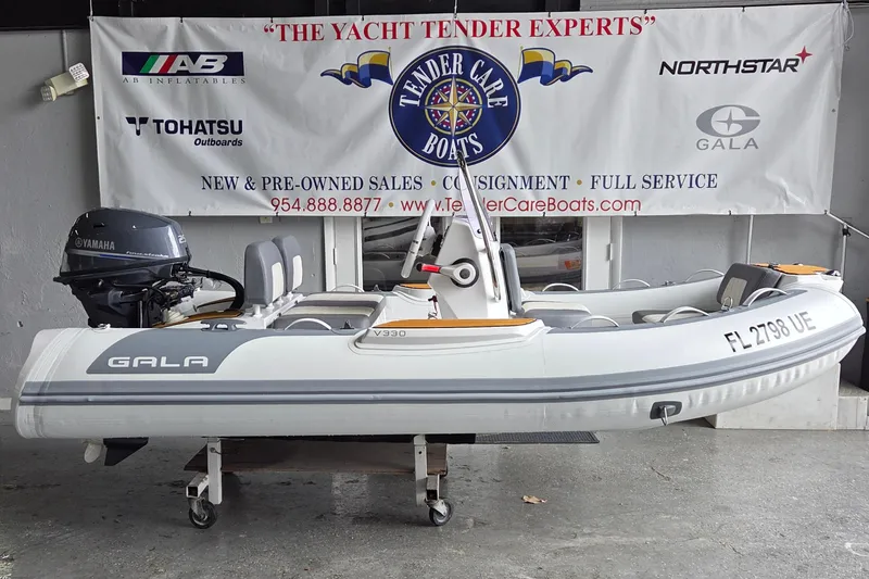 Slide: The Image of 2026 Gala Viking V330 boat with Yamaha 25HP engine displayed at Tender Care Boats. - 8